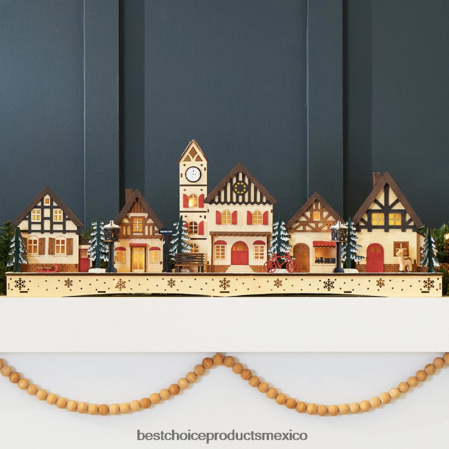 estacional Pueblo navideño de madera preiluminado, decoración de repisa de invierno con 20 luces LED Best Choice Products multicolor X080FZ243