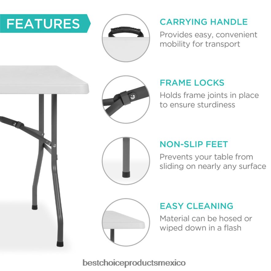 estacional mesa de comedor plegable portátil de plástico con asa y cerradura Best Choice Products blanco X080FZ262