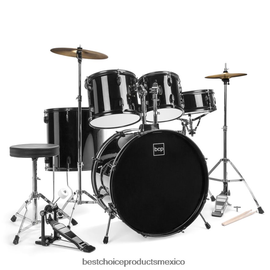 instrumentos musicales | Batería de tamaño completo de 5 piezas para adultos Best Choice Products negro X080FZ1149