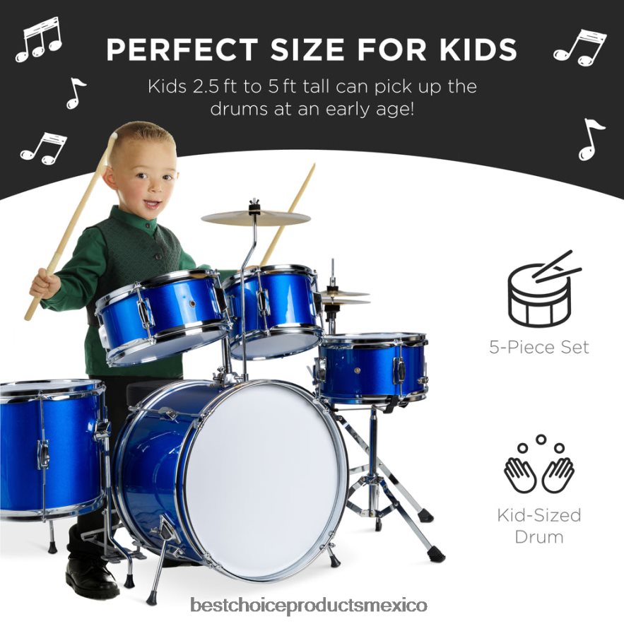 instrumentos musicales | Juego de batería acústica de madera para principiantes para niños con taburete y baquetas Best Choice Products azul X080FZ544