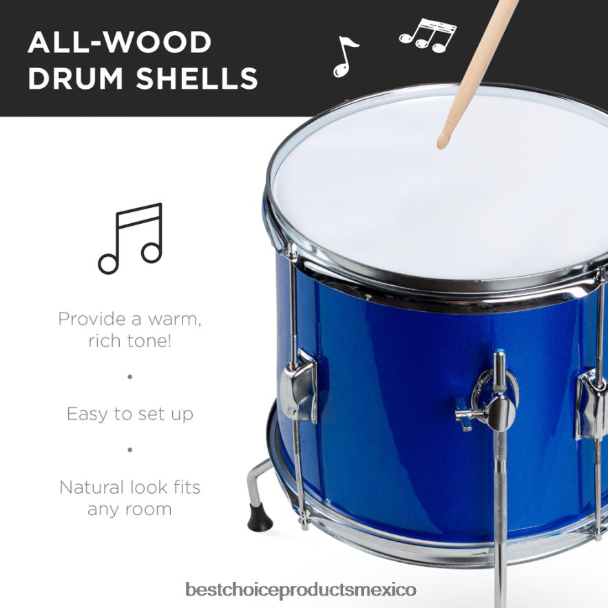 instrumentos musicales | Juego de batería acústica de madera para principiantes para niños con taburete y baquetas Best Choice Products azul X080FZ544