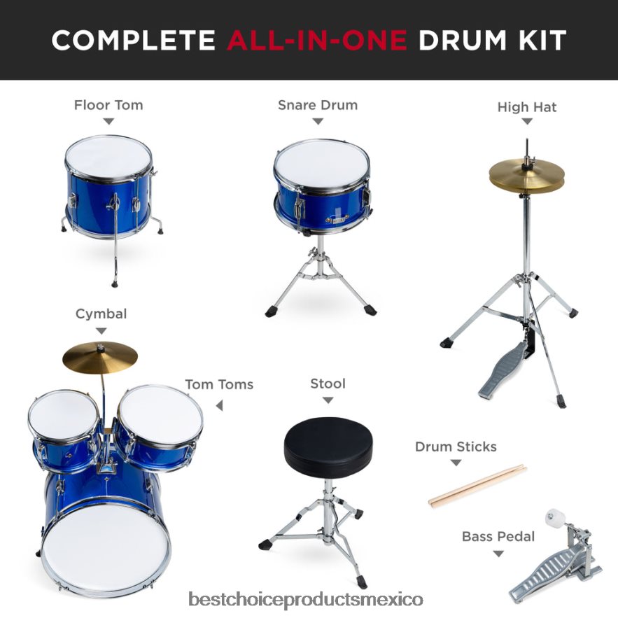 instrumentos musicales | Juego de batería acústica de madera para principiantes para niños con taburete y baquetas Best Choice Products azul X080FZ544