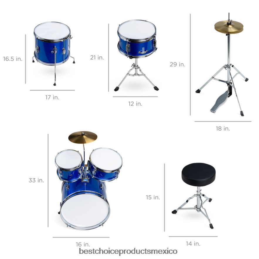 instrumentos musicales | Juego de batería acústica de madera para principiantes para niños con taburete y baquetas Best Choice Products azul X080FZ544