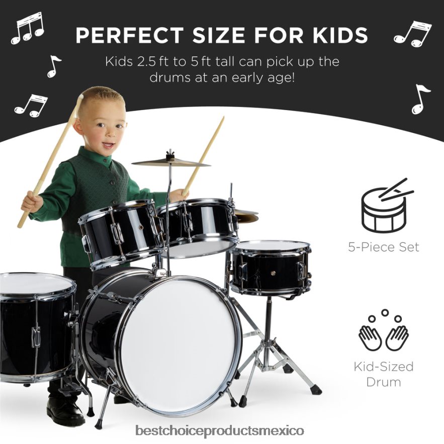 instrumentos musicales | Juego de batería acústica de madera para principiantes para niños con taburete y baquetas Best Choice Products negro X080FZ543