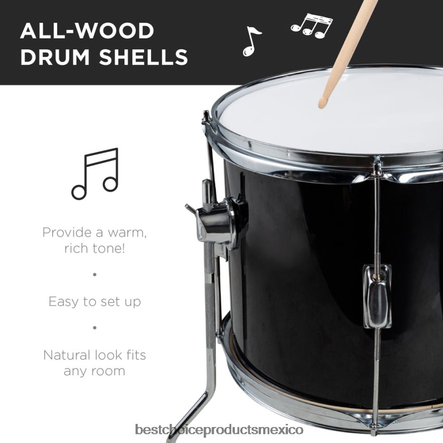 instrumentos musicales | Juego de batería acústica de madera para principiantes para niños con taburete y baquetas Best Choice Products negro X080FZ543