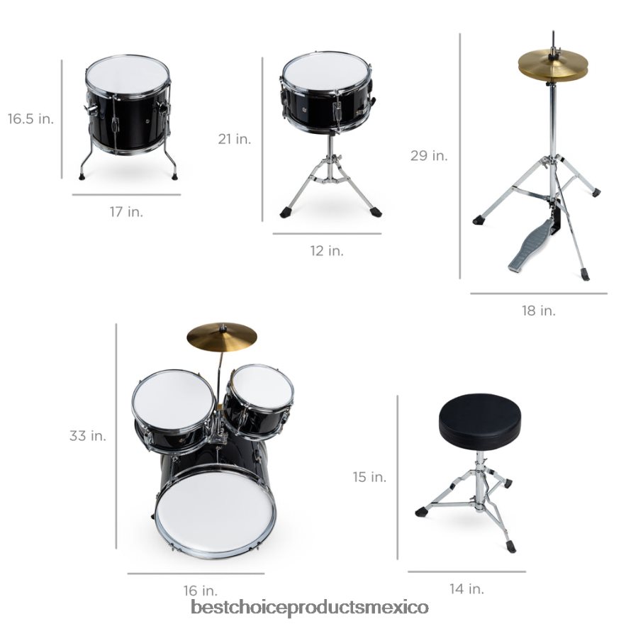instrumentos musicales | Juego de batería acústica de madera para principiantes para niños con taburete y baquetas Best Choice Products negro X080FZ543