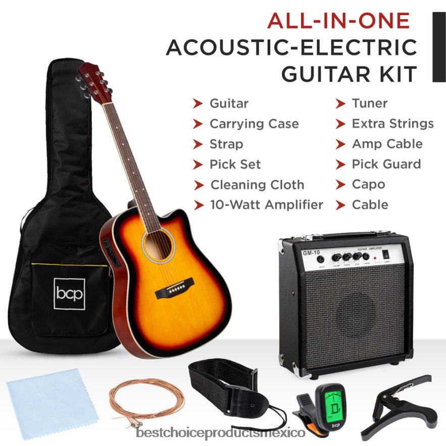 instrumentos musicales | Juego de guitarra acústica eléctrica cutaway para principiantes con estuche y correa. Best Choice Products resplandor solar X080FZ1095