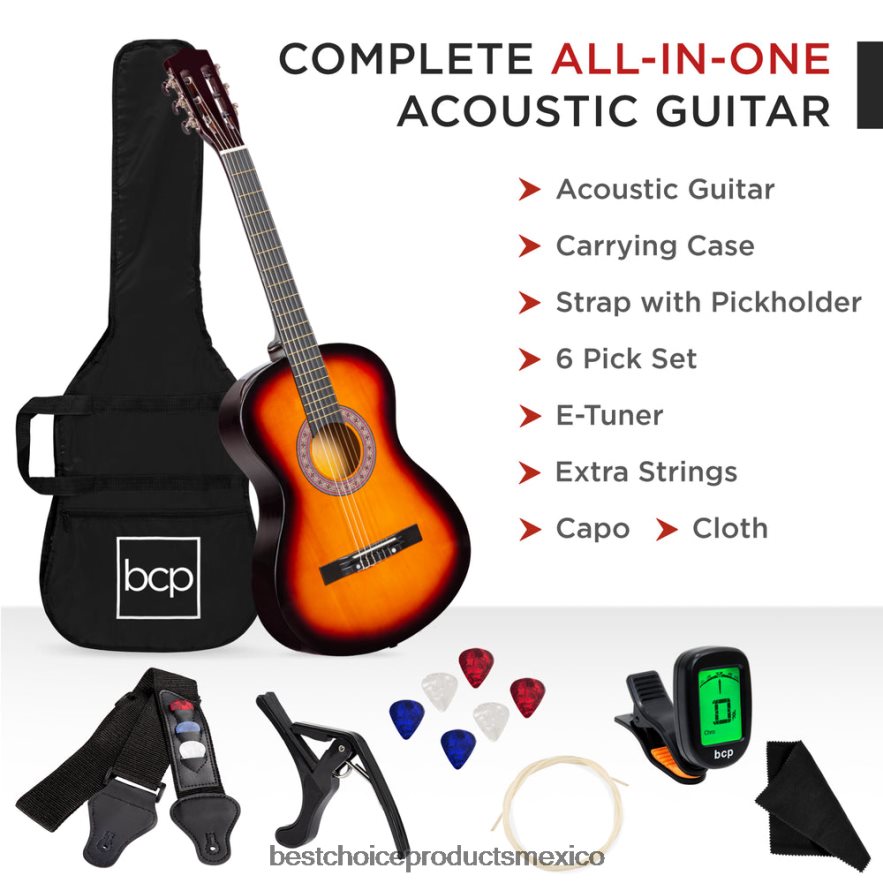instrumentos musicales | Juego de guitarra acústica para principiantes con estuche, correa, afinador digital y cuerdas. Best Choice Products resplandor solar X080FZ1113