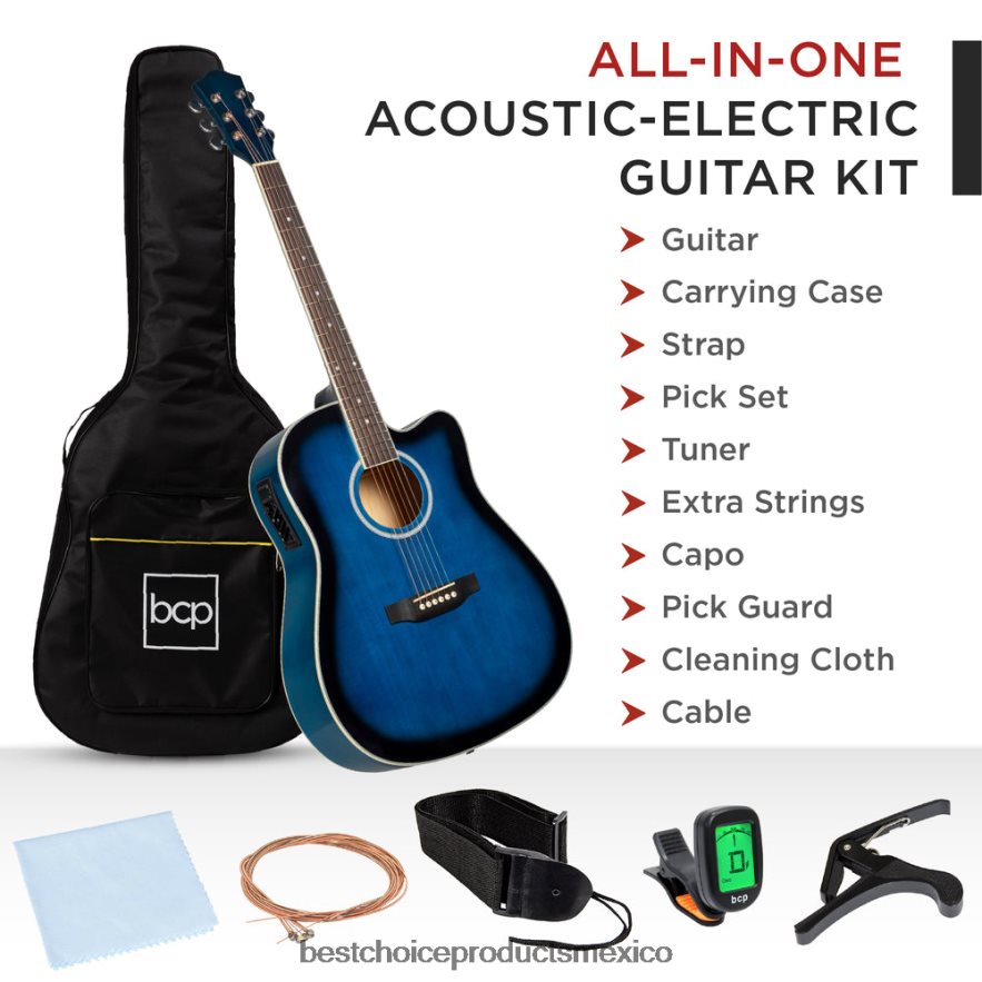 instrumentos musicales | Juego de guitarra eléctrica acústica cutaway para principiantes de 41 pulgadas con estuche y correa Best Choice Products azul X080FZ1142