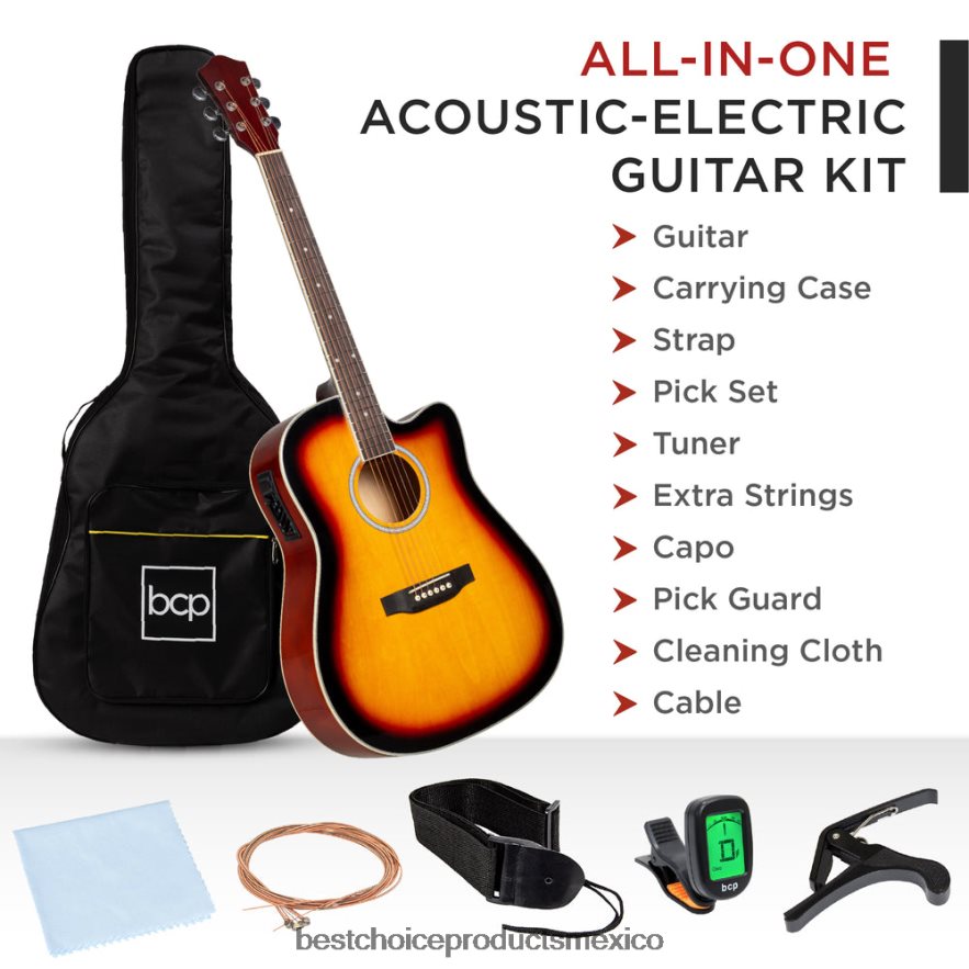 instrumentos musicales | Juego de guitarra eléctrica acústica cutaway para principiantes de 41 pulgadas con estuche y correa Best Choice Products resplandor solar X080FZ1140