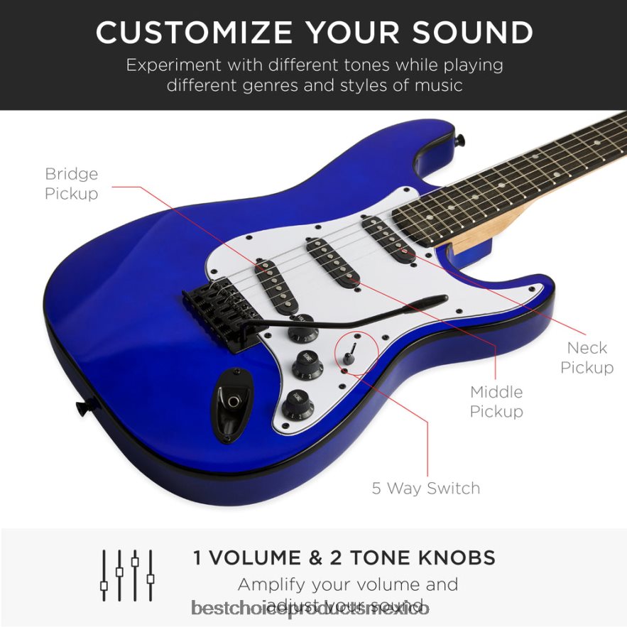 instrumentos musicales | Kit de guitarra eléctrica para principiantes con estuche, amplificador de 10 vatios y barra de trémolo. Best Choice Products azúl metálico X080FZ1107
