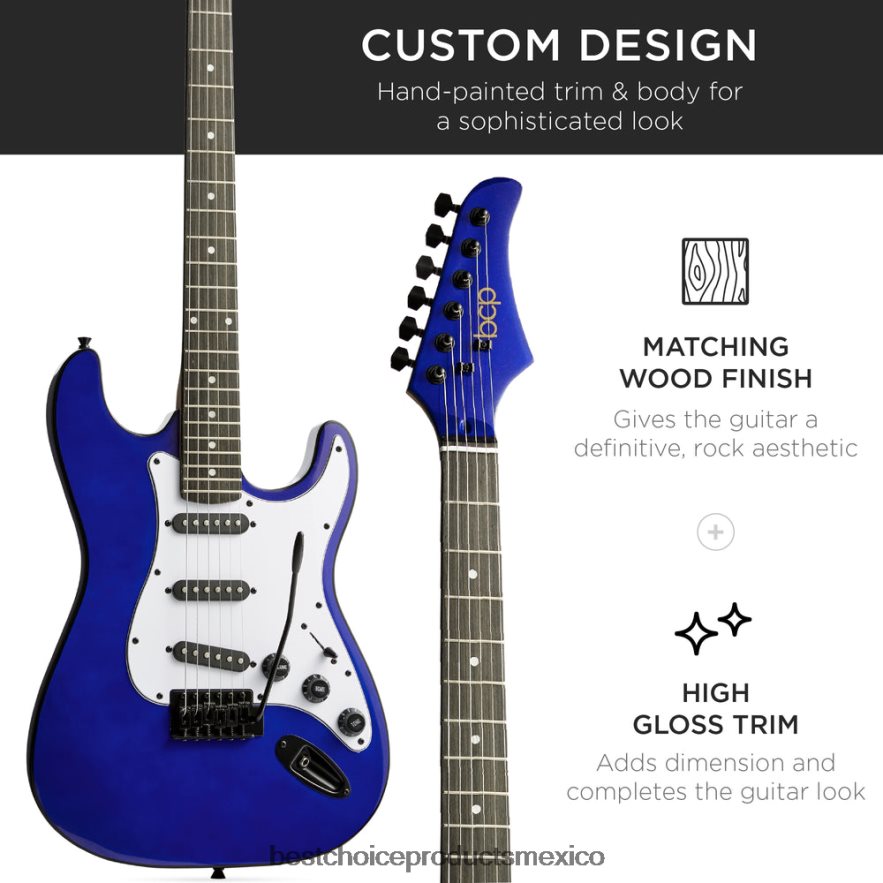instrumentos musicales | Kit de guitarra eléctrica para principiantes con estuche, amplificador de 10 vatios y barra de trémolo. Best Choice Products azúl metálico X080FZ1107