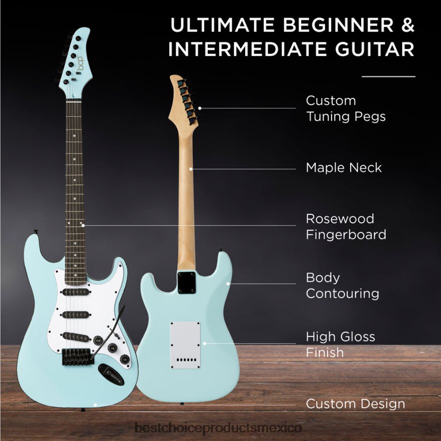 instrumentos musicales | Kit de guitarra eléctrica para principiantes con estuche, amplificador de 10 vatios y barra de trémolo. Best Choice Products azul pálido X080FZ1106