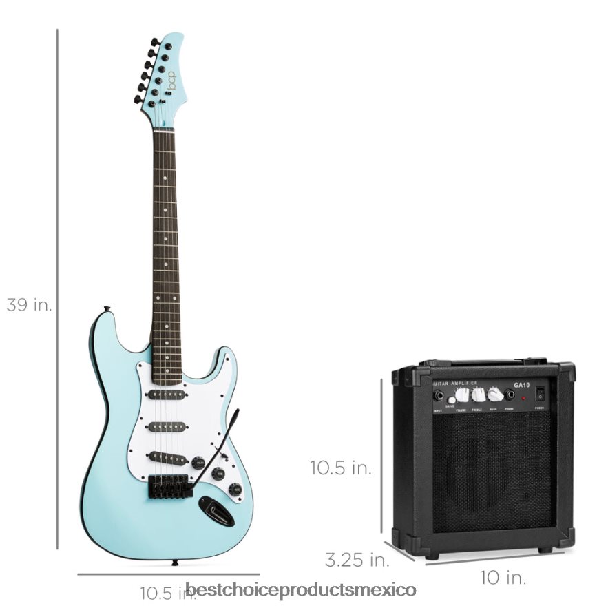 instrumentos musicales | Kit de guitarra eléctrica para principiantes con estuche, amplificador de 10 vatios y barra de trémolo. Best Choice Products azul pálido X080FZ1106
