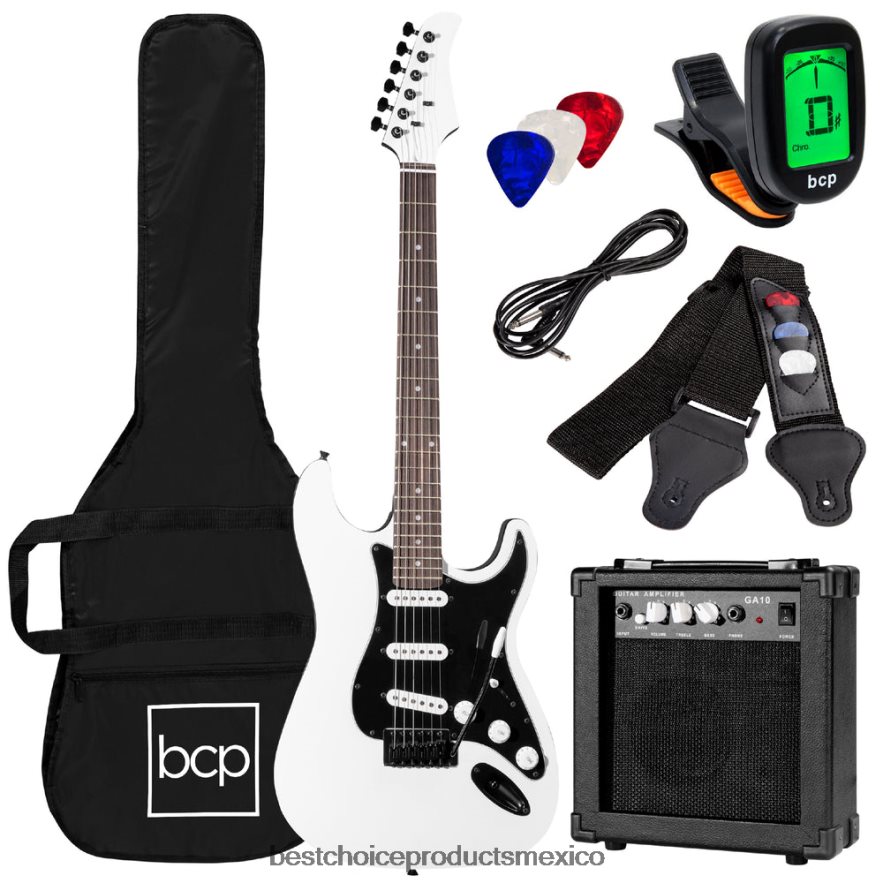 instrumentos musicales | Kit de guitarra eléctrica para principiantes con estuche, amplificador de 10 vatios y barra de trémolo. Best Choice Products blanco glaciar X080FZ1102