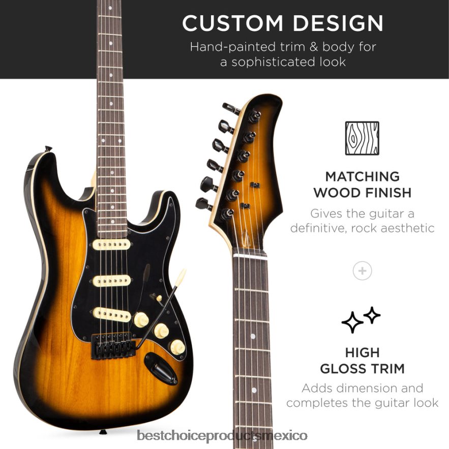 instrumentos musicales | Kit de guitarra eléctrica para principiantes con estuche, amplificador de 10 vatios y barra de trémolo. Best Choice Products resplandor solar X080FZ1103