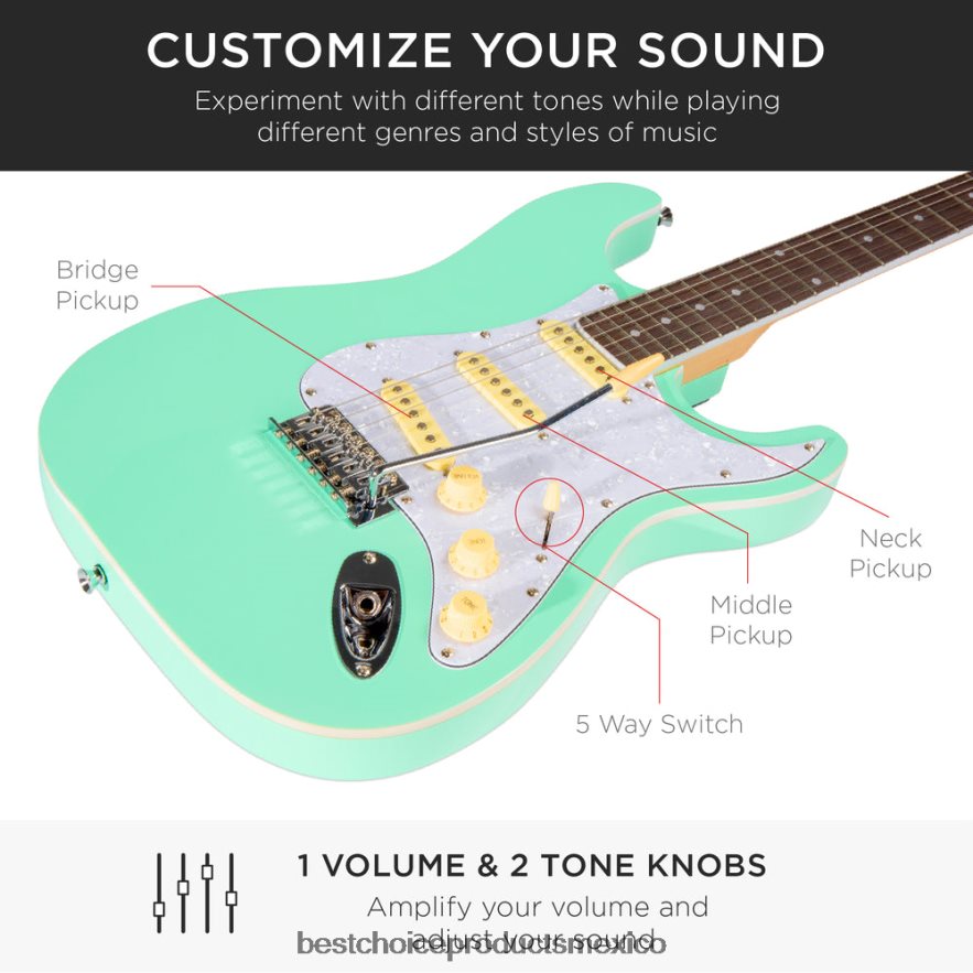 instrumentos musicales | Kit de guitarra eléctrica para principiantes con estuche, amplificador de 10 vatios y barra de trémolo. Best Choice Products verde social X080FZ1101