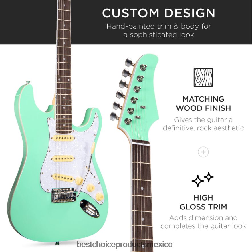 instrumentos musicales | Kit de guitarra eléctrica para principiantes con estuche, amplificador de 10 vatios y barra de trémolo. Best Choice Products verde social X080FZ1101
