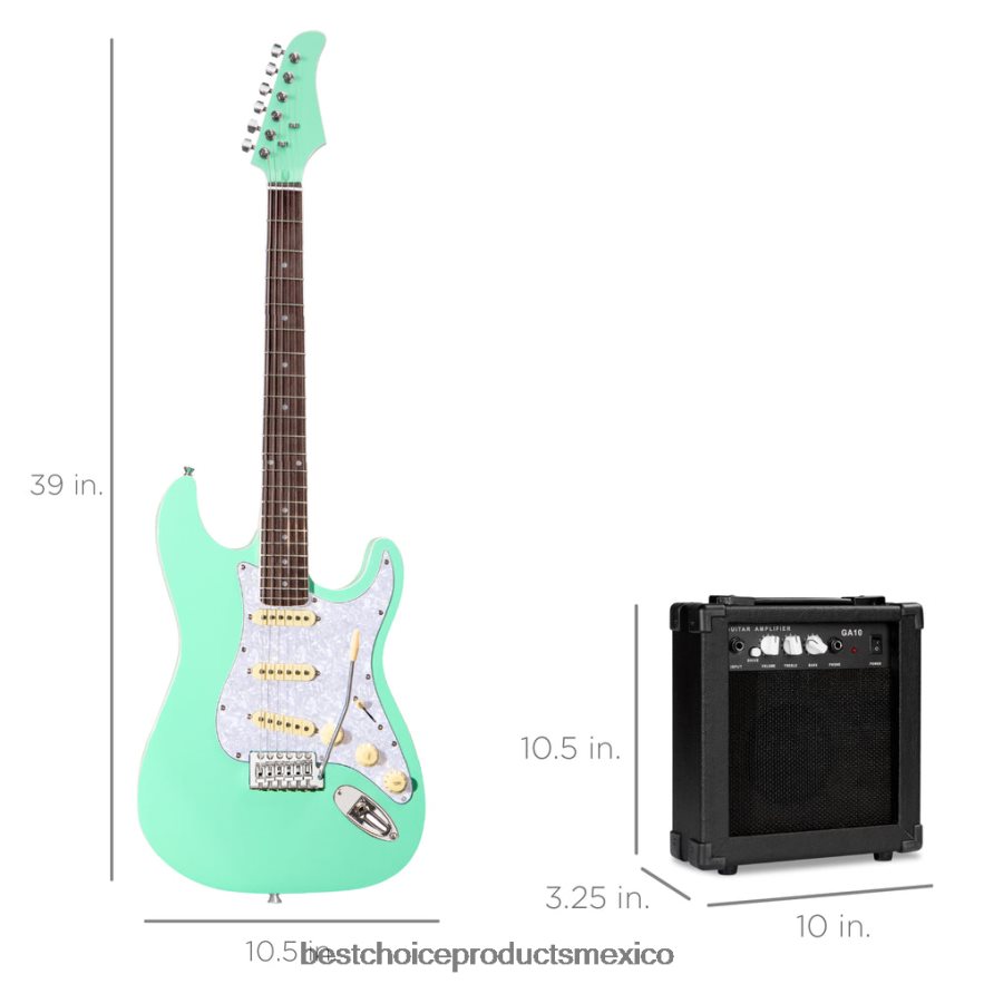 instrumentos musicales | Kit de guitarra eléctrica para principiantes con estuche, amplificador de 10 vatios y barra de trémolo. Best Choice Products verde social X080FZ1101