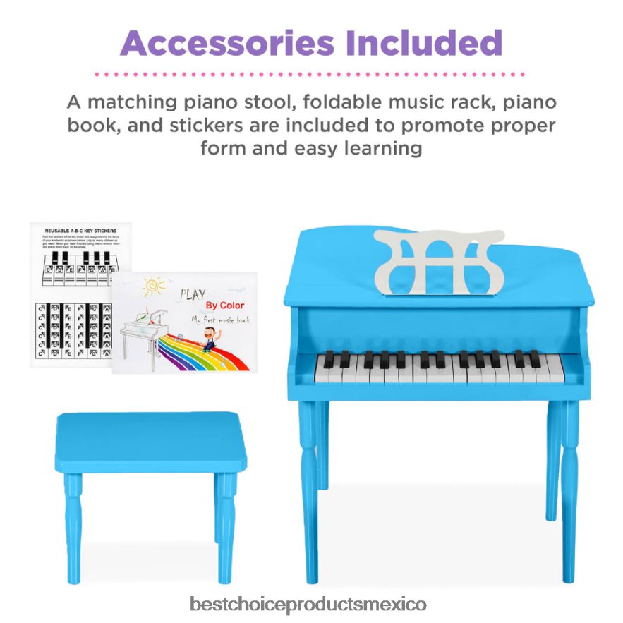 instrumentos musicales | Mini piano de cola de madera para niños con tapa, banco, atril, cancionero y pegatinas Best Choice Products azul claro X080FZ1126
