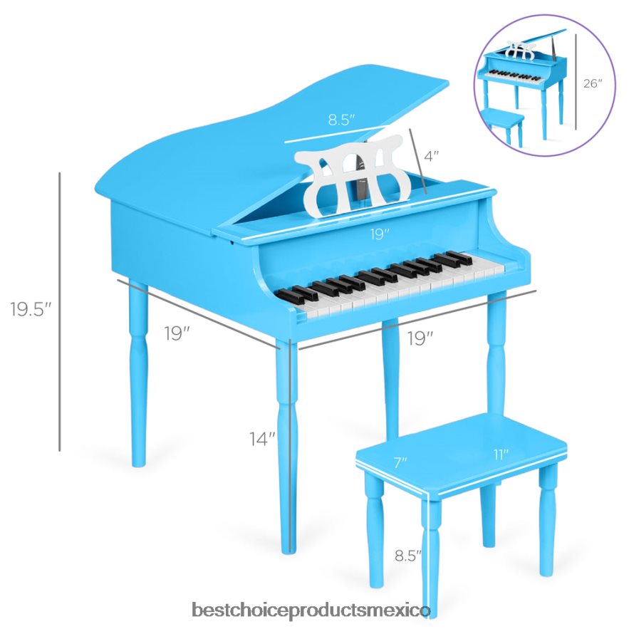 instrumentos musicales | Mini piano de cola de madera para niños con tapa, banco, atril, cancionero y pegatinas Best Choice Products azul claro X080FZ1126
