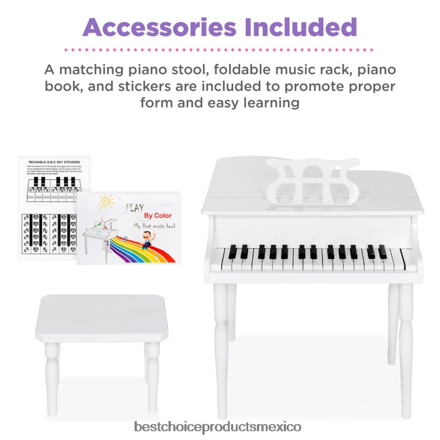 instrumentos musicales | Mini piano de cola de madera para niños con tapa, banco, atril, cancionero y pegatinas Best Choice Products blanco X080FZ1124