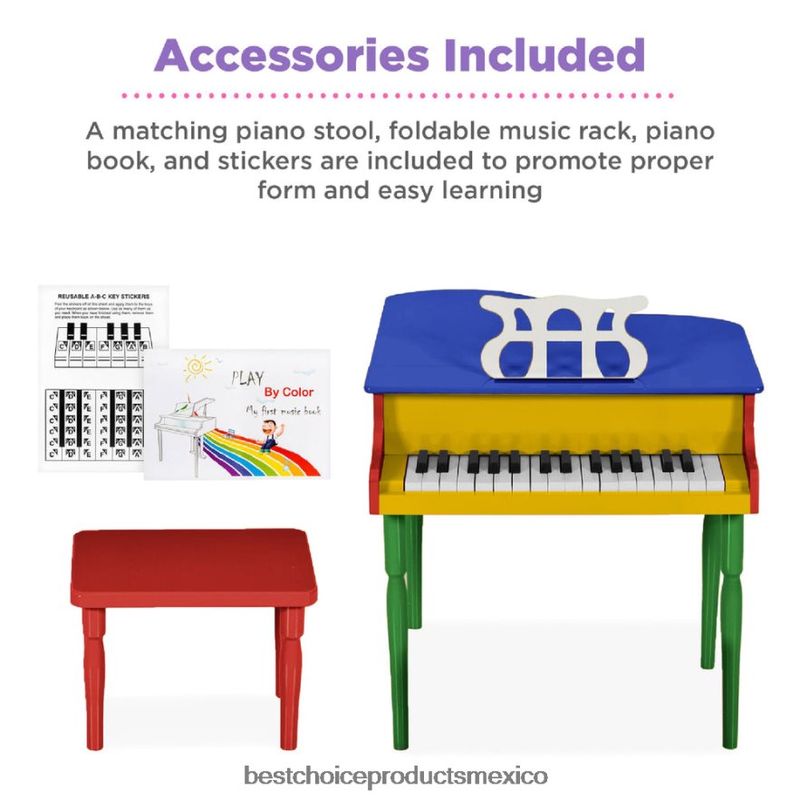 instrumentos musicales | Mini piano de cola de madera para niños con tapa, banco, atril, cancionero y pegatinas Best Choice Products multicolor X080FZ1125