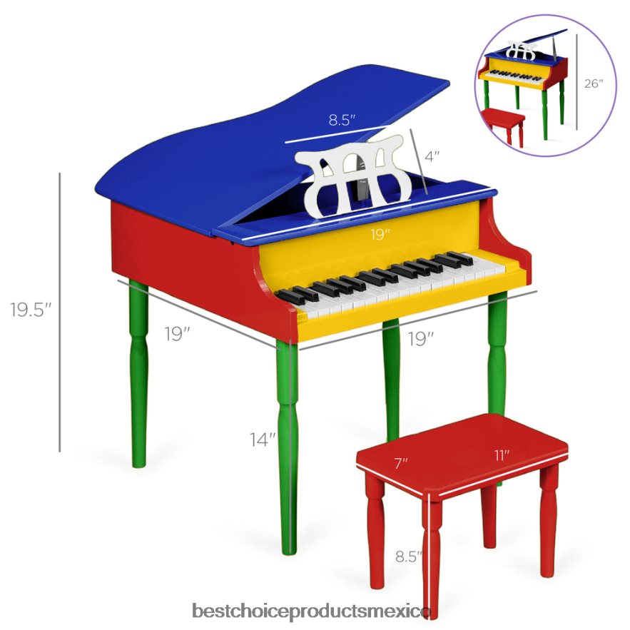 instrumentos musicales | Mini piano de cola de madera para niños con tapa, banco, atril, cancionero y pegatinas Best Choice Products multicolor X080FZ1125