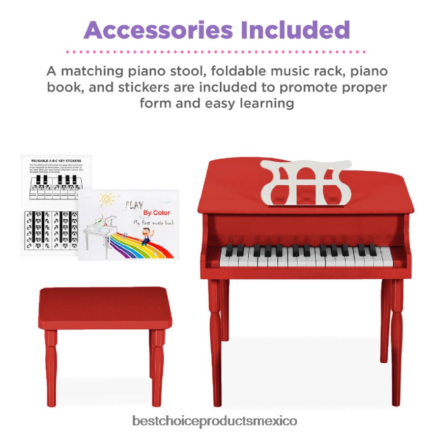 instrumentos musicales | Mini piano de cola de madera para niños con tapa, banco, atril, cancionero y pegatinas Best Choice Products rojo X080FZ1128