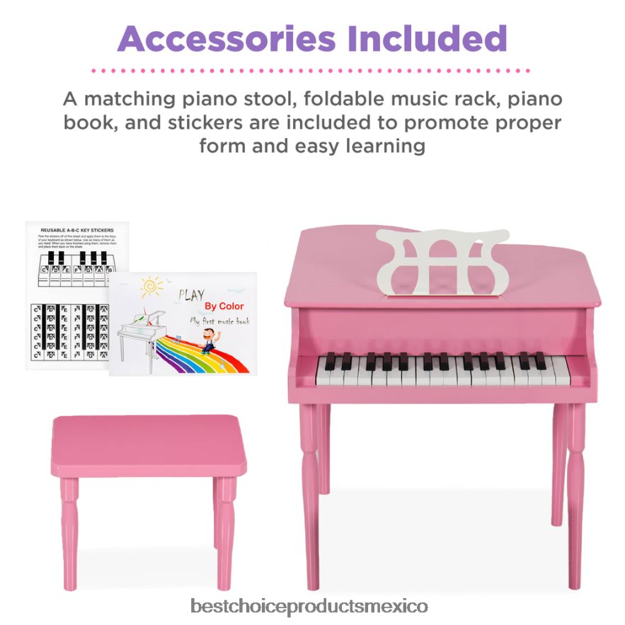 instrumentos musicales | Mini piano de cola de madera para niños con tapa, banco, atril, cancionero y pegatinas Best Choice Products rosa X080FZ1122