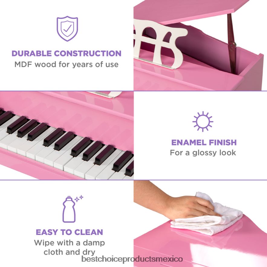 instrumentos musicales | Mini piano de cola de madera para niños con tapa, banco, atril, cancionero y pegatinas Best Choice Products rosa X080FZ1122