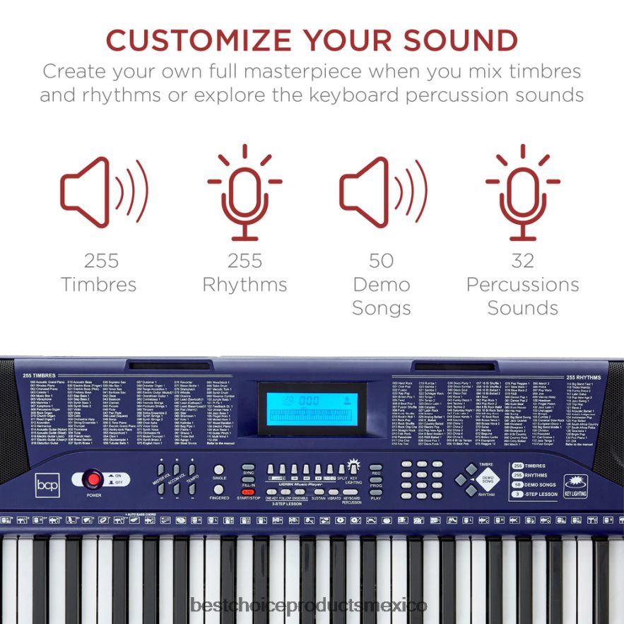 instrumentos musicales | Juego de piano y teclado electrónico para principiantes de 61 teclas con teclas iluminadas y auriculares Best Choice Products azul X080FZ1132