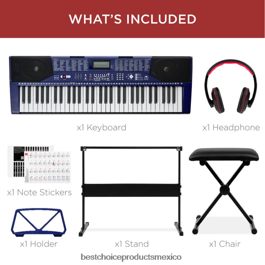 instrumentos musicales | Juego de piano y teclado electrónico para principiantes de 61 teclas con teclas iluminadas y auriculares Best Choice Products azul X080FZ1132