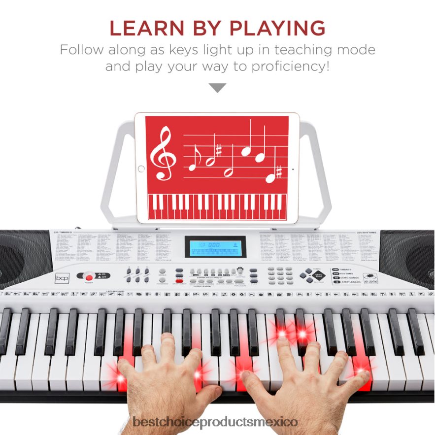 instrumentos musicales | Juego de piano y teclado electrónico para principiantes de 61 teclas con teclas iluminadas y auriculares Best Choice Products blanco X080FZ1131
