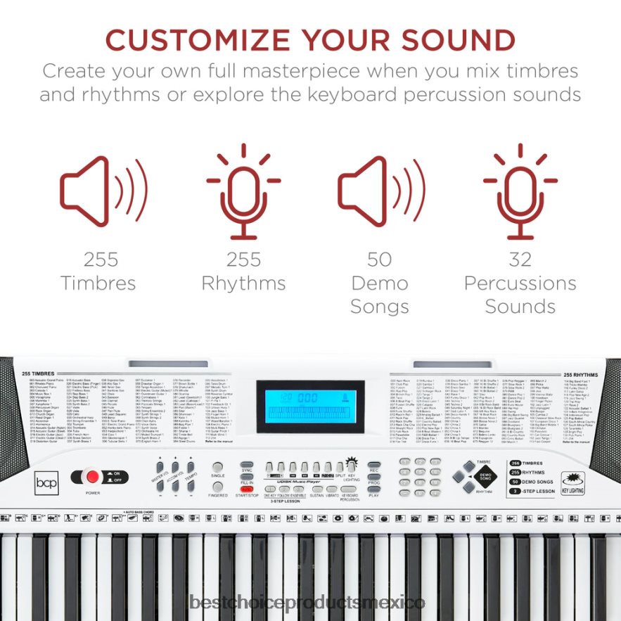 instrumentos musicales | Juego de piano y teclado electrónico para principiantes de 61 teclas con teclas iluminadas y auriculares Best Choice Products blanco X080FZ1131