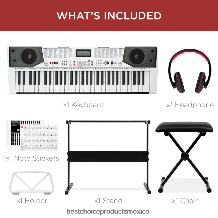 instrumentos musicales | Juego de piano y teclado electrónico para principiantes de 61 teclas con teclas iluminadas y auriculares Best Choice Products blanco X080FZ1131
