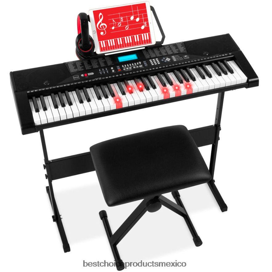 instrumentos musicales | Juego de piano y teclado electrónico para principiantes de 61 teclas con teclas iluminadas y auriculares Best Choice Products negro X080FZ1135