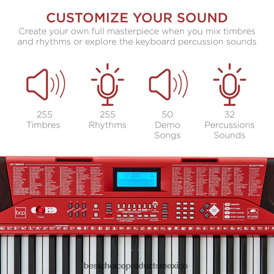 instrumentos musicales | Juego de piano y teclado electrónico para principiantes de 61 teclas con teclas iluminadas y auriculares Best Choice Products rojo X080FZ1134