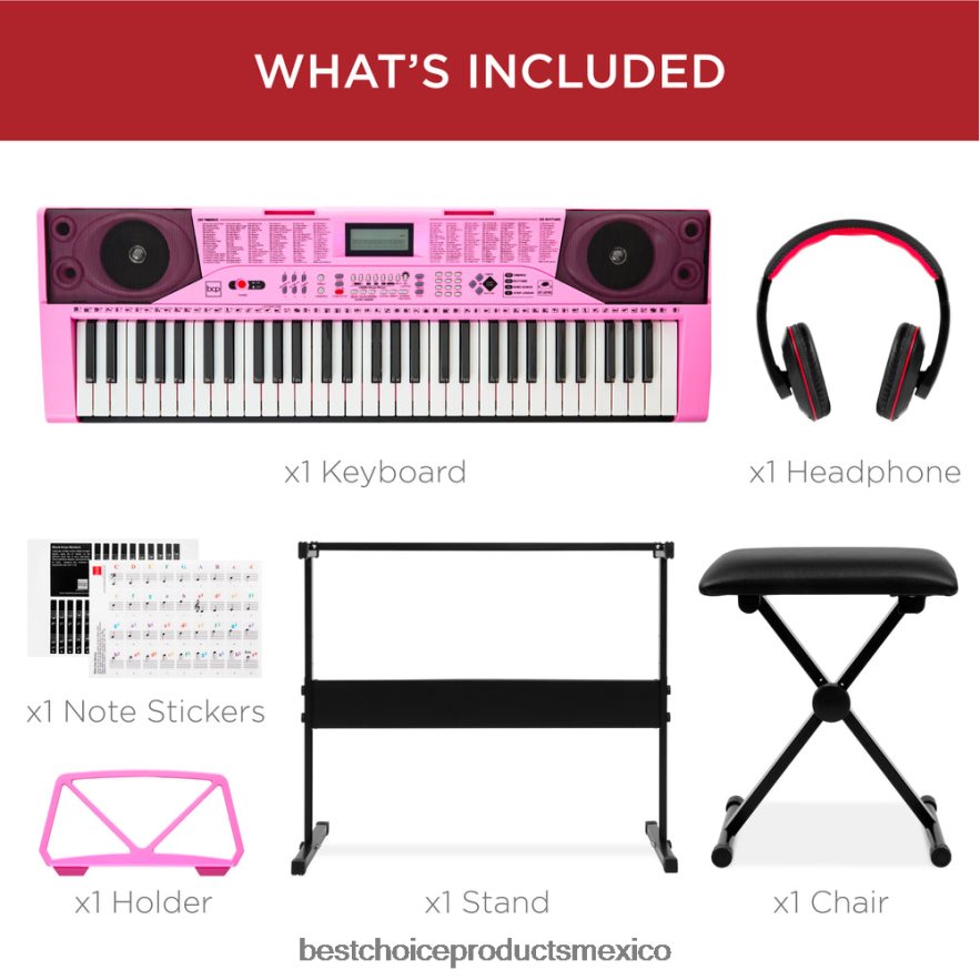 instrumentos musicales | Juego de piano y teclado electrónico para principiantes de 61 teclas con teclas iluminadas y auriculares Best Choice Products rosa X080FZ1133