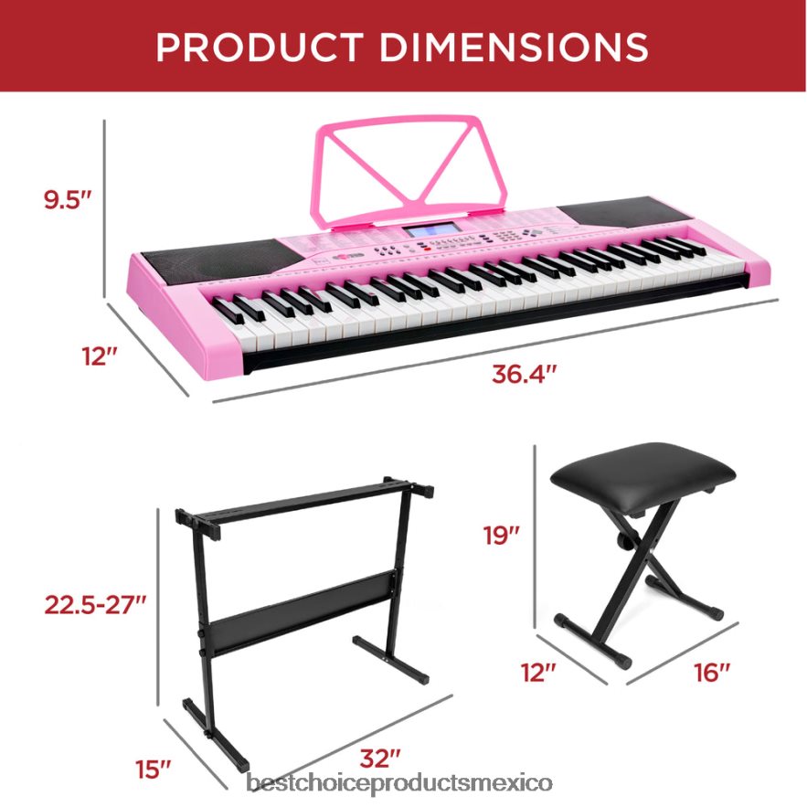 instrumentos musicales | Juego de piano y teclado electrónico para principiantes de 61 teclas con teclas iluminadas y auriculares Best Choice Products rosa X080FZ1133