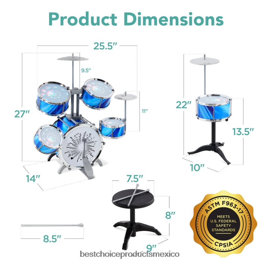 juguete y juego | Batería para principiantes para niños de 18 piezas, juego de instrumentos musicales de juguete con luces LED Best Choice Products azul X080FZ562