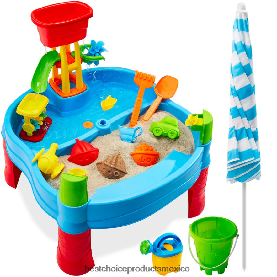 juguete y juego | Mesa de arena y agua para exteriores para niños con 18 accesorios y sombrilla ajustable Best Choice Products multicolor X080FZ551