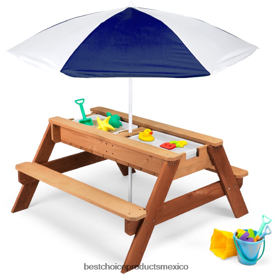 juguete y juego | Mesa de picnic de madera para exteriores con mesa de arena y agua para niños 3 en 1 con sombrilla Best Choice Products Armada X080FZ1005