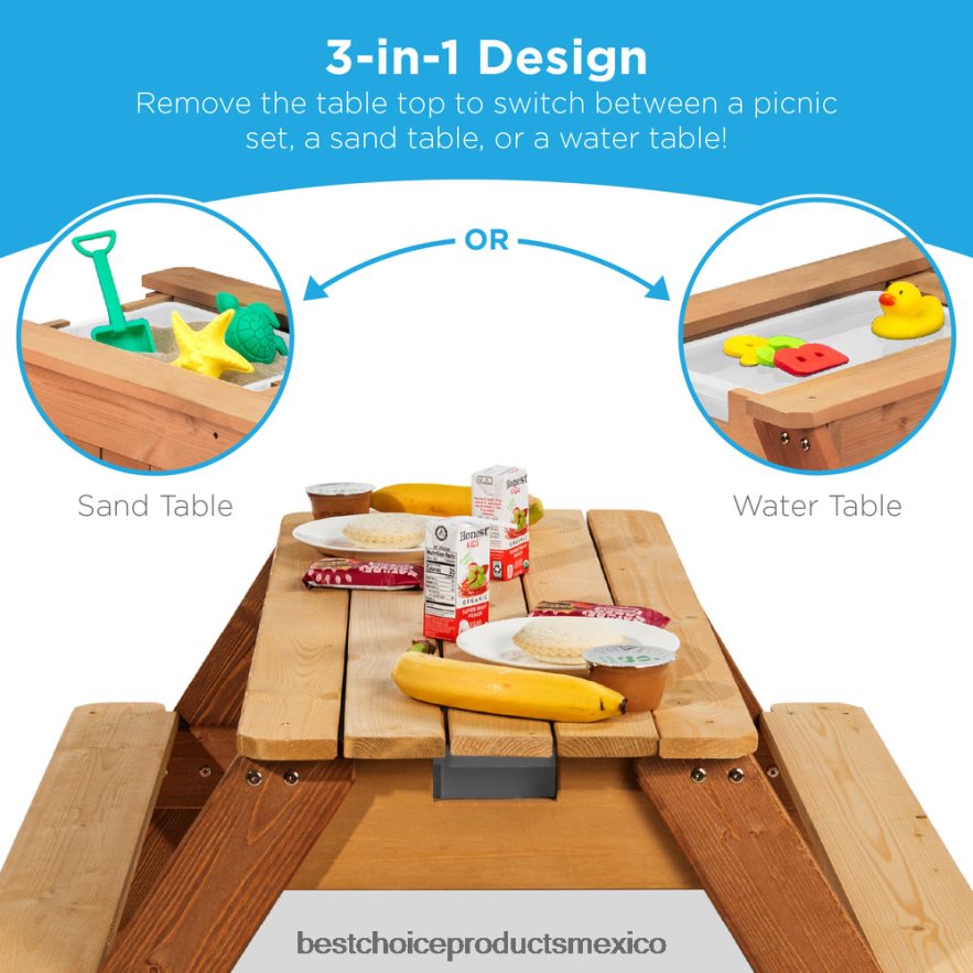 juguete y juego | Mesa de picnic de madera para exteriores con mesa de arena y agua para niños 3 en 1 con sombrilla Best Choice Products Armada X080FZ1005