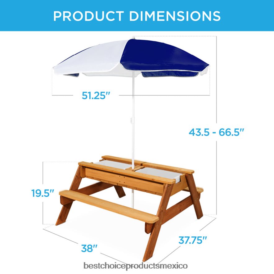 juguete y juego | Mesa de picnic de madera para exteriores con mesa de arena y agua para niños 3 en 1 con sombrilla Best Choice Products Armada X080FZ1005