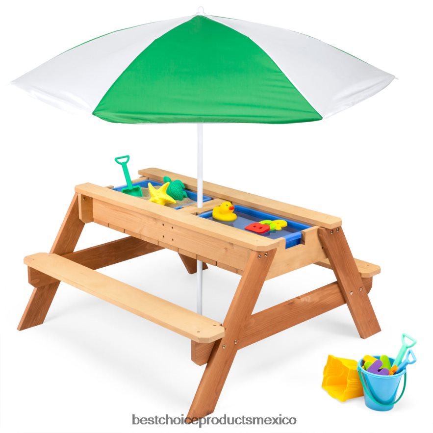 juguete y juego | Mesa de picnic de madera para exteriores con mesa de arena y agua para niños 3 en 1 con sombrilla Best Choice Products verde X080FZ1004