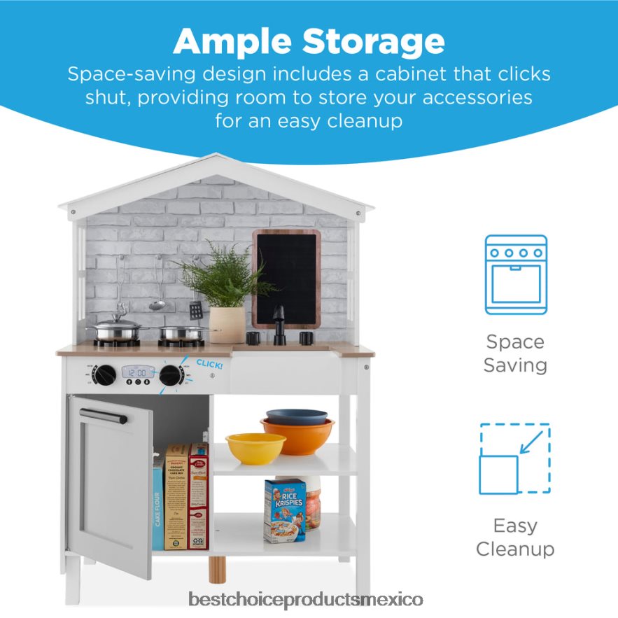 juguete y juego | Cocina de juguete estilo granja para niños con pizarra, estantes de almacenamiento y 5 accesorios Best Choice Products blanco biselado X080FZ299