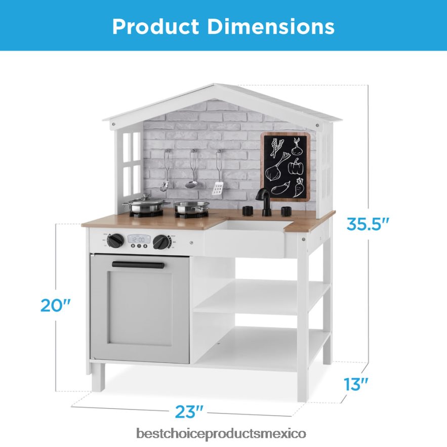 juguete y juego | Cocina de juguete estilo granja para niños con pizarra, estantes de almacenamiento y 5 accesorios Best Choice Products blanco biselado X080FZ299
