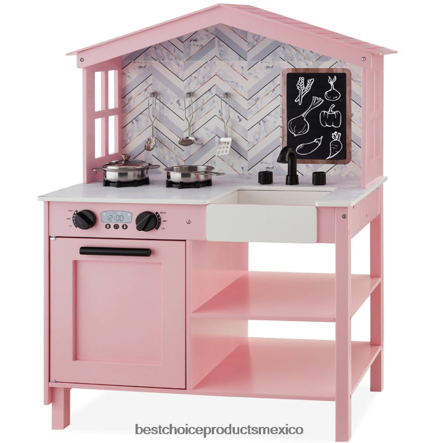 juguete y juego | Cocina de juguete estilo granja para niños con pizarra, estantes de almacenamiento y 5 accesorios Best Choice Products rosa biselado X080FZ300
