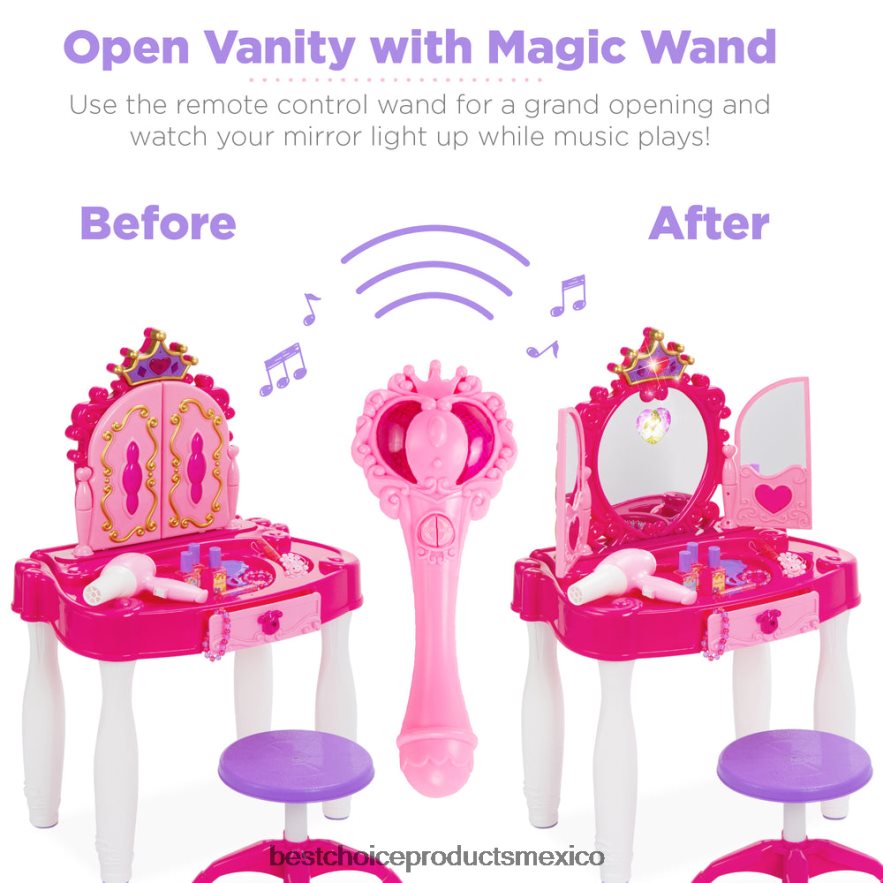 juguete y juego | Espejo de tocador Princess para niños con cable auxiliar, varita, secador de pelo y accesorios. Best Choice Products rosa X080FZ1031
